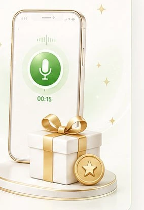 A phone recording a voice review beside a gift box and reward medal