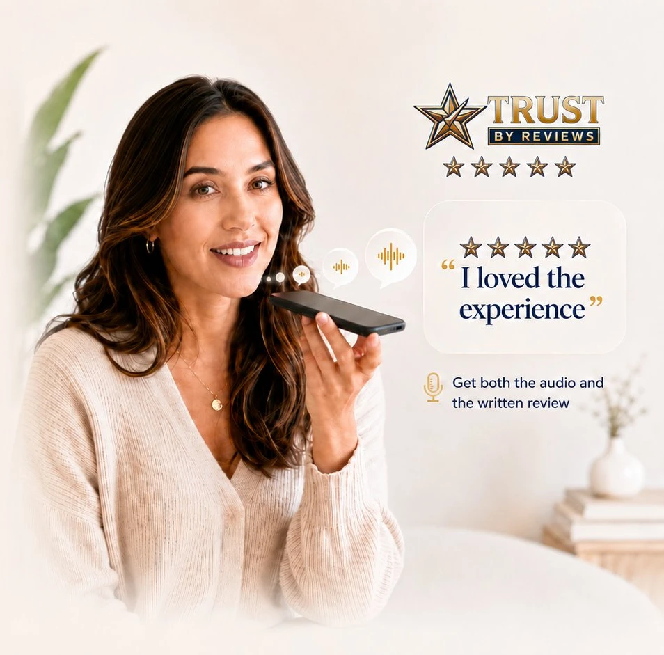 Customer leaving a voice review on her phone with Trust By Reviews